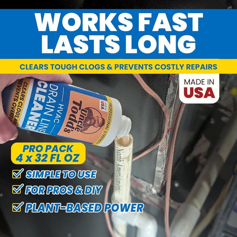 Uncle Todd's HVAC Drain Line Cleaner – 4pk of 32oz Bottles: Bleach-Free, Fast-Acting, Long-Lasting AC Drain Line Solution for Tough Clogs & Buildup - Image 2
